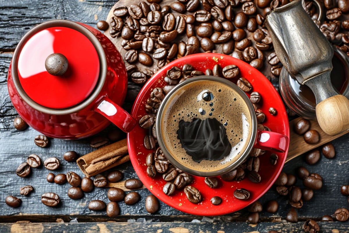 Des graines de café et une tasse 