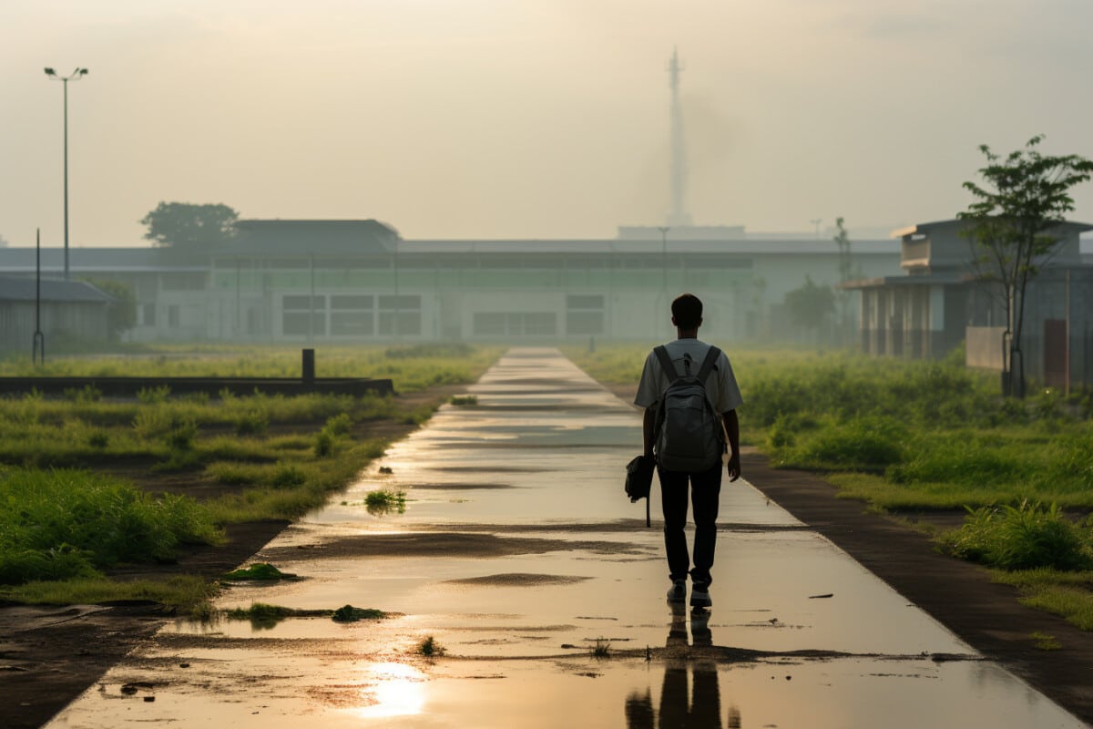 Un homme face à un ciel pollué