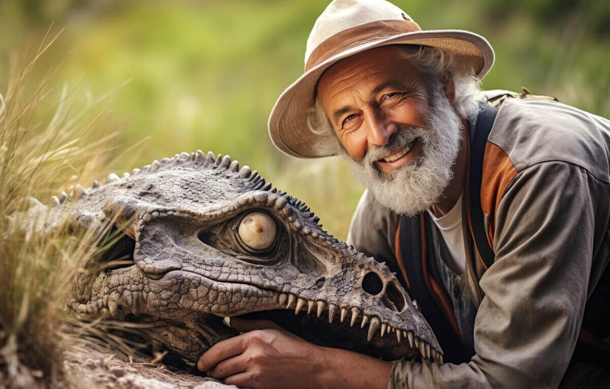 Un homme avec une squelette de dinosaure