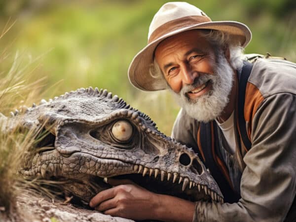 Un homme avec une squelette de dinosaure