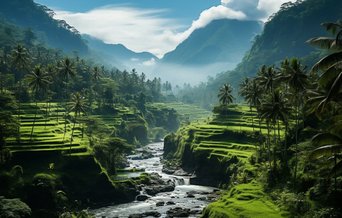 Une forêt et un ruisseau