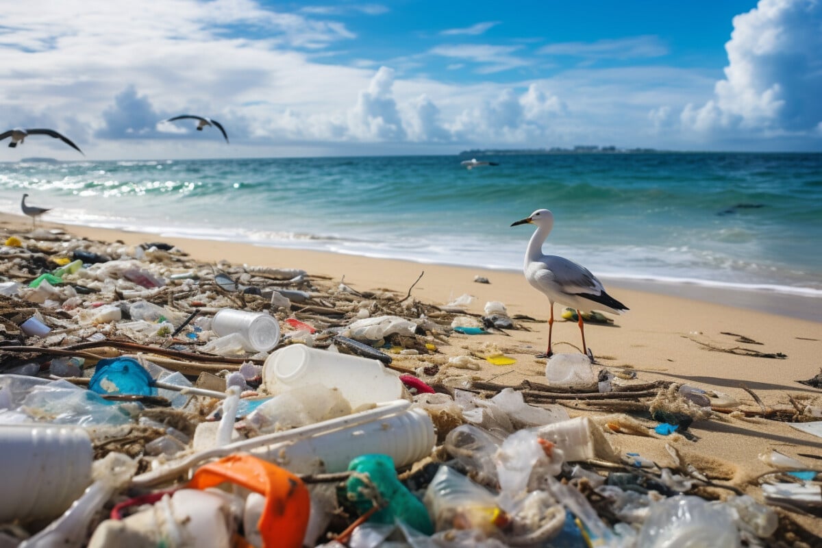 Des bouteilles en plastique au bord de la mer