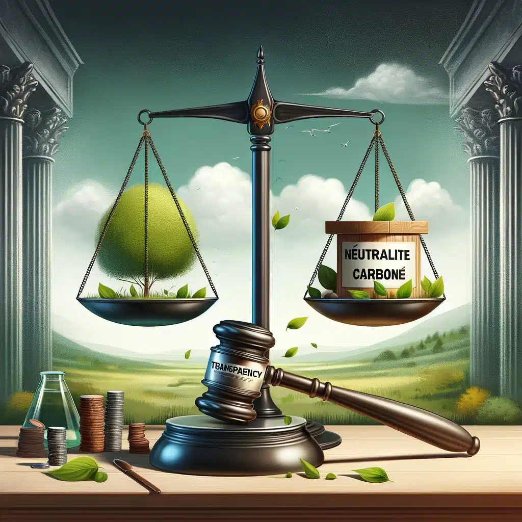dall·e 2024 04 12 09.32.10 an illustration of a justice gavel, symbolizing legal regulation, surrounded by a balance scale with products labeled 'neutralité carbone' on one side