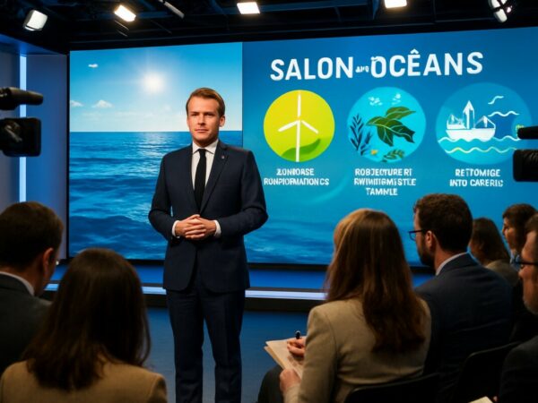 lors d'une interview exclusive sur france 2, emmanuel macron présente ses initiatives et progrès en matière d'écologie, en lien avec le sommet des océans, soulignant l'importance de la protection des milieux marins et des engagements de la france pour un avenir durable.