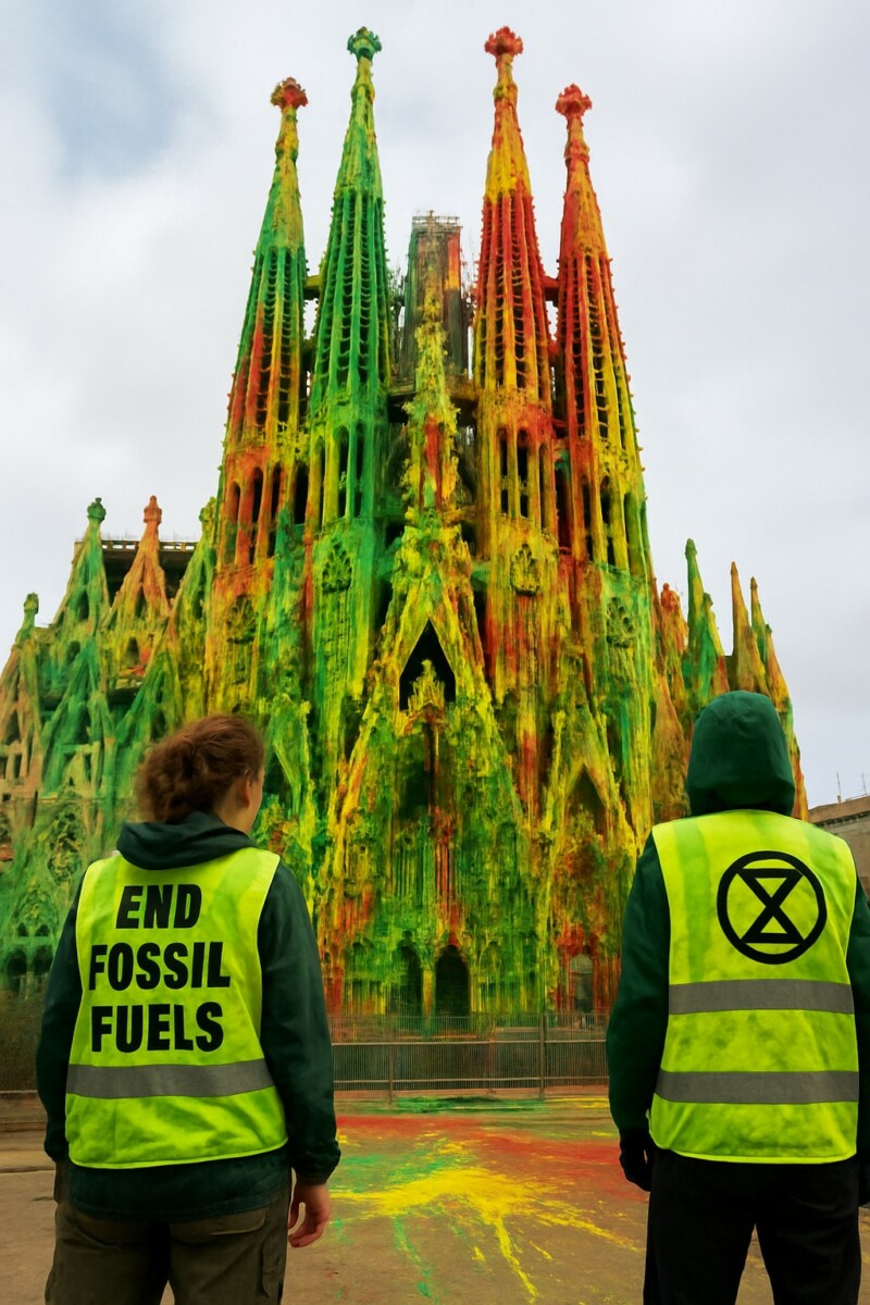 des militants écologistes ont aspergé de peinture la sagrada familia à barcelone pour attirer l’attention sur l’urgence climatique, provoquant de vives réactions et des débats sur leurs méthodes d’action.