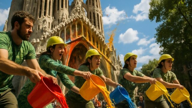 des militants écologistes ont versé de la peinture sur la sagrada familia à barcelone pour attirer l’attention sur l’urgence climatique, provoquant de vives réactions et relançant le débat sur les méthodes de protestation.