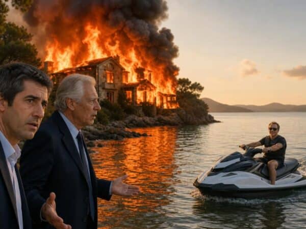 françois ruffin et dominique de villepin dénoncent l'inaction du président face aux crises majeures, illustrée par l'image frappante d'une maison en flammes tandis qu'il profite d'un moment de détente en jet-ski.